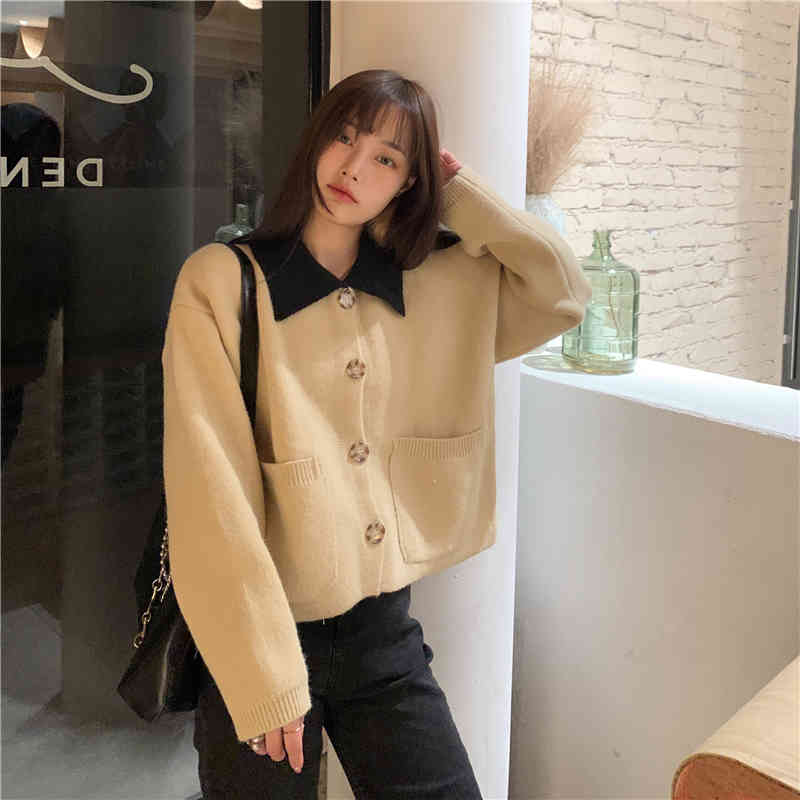 autumn and winter korean style french turn down collar knittd cardigans womens vintage sweaters cardigans womens (C9889) 210423