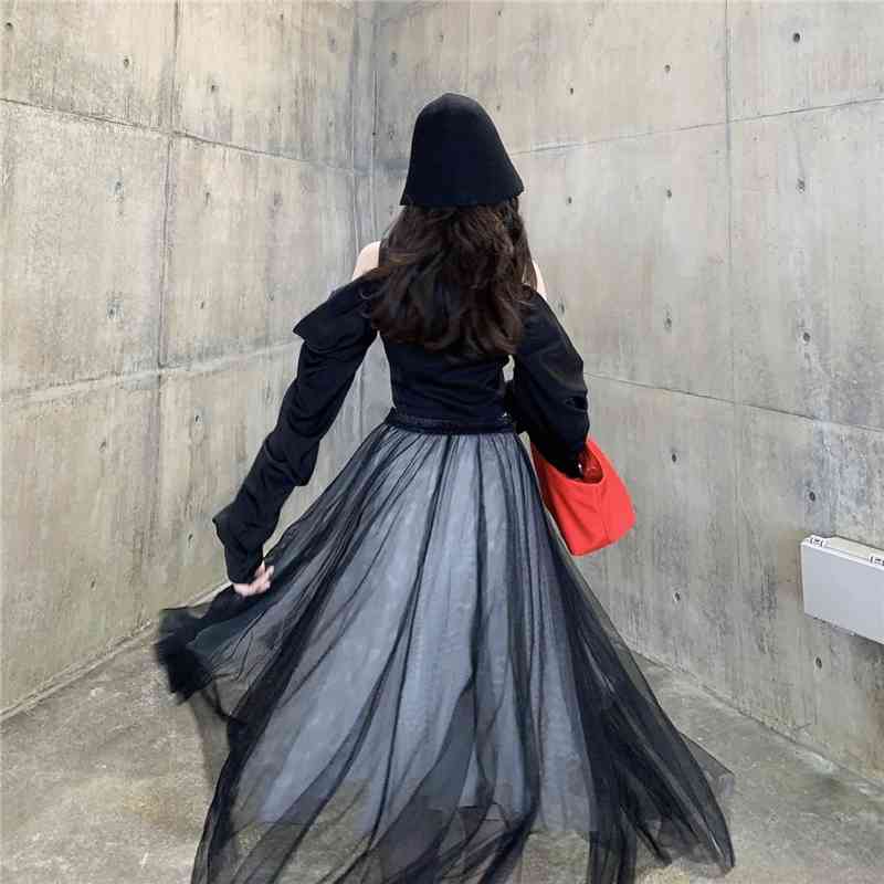 Spring High Waist Black Multilayer Mesh Temperament Long Skirt Women Fashion Elegant Casual Skirts Female 210519