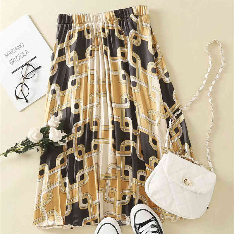Women Vintage Chain Print Long Skirts Spring Female Chic Yellow Pleated A-line Skirt High Waist Casual Femme 210421