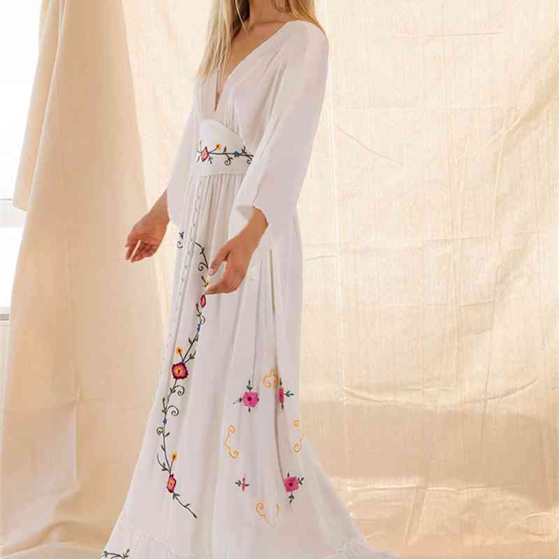 Bohemian Long Kimono Dress Floral Embroidery Vestidos Batwing Sleeve white Boho People Maxi es 210520