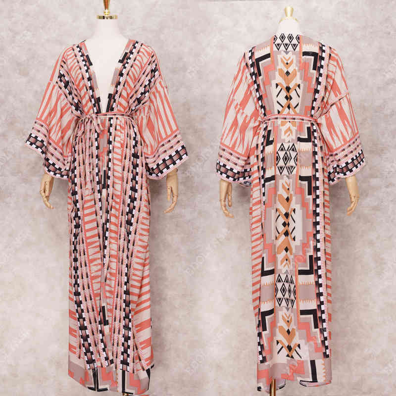 100% Cotton Printed Bikini Cover-ups Elegant Self Belted Komono Dress Tunic Women Plus Size Beach Wear Swim Suit Cover Up Q1228 210420