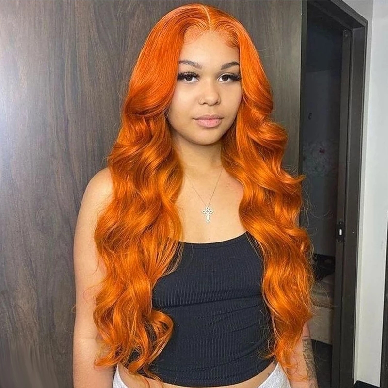 Orange Ginger Straight Simulatiion Human Hair Wigs Natural Hairline Brazilian Synthetic Body Wave Lace Front Wig For Women Bleached Knots