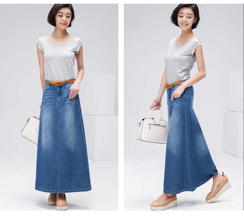 Korea style Long Casual Denim Skirt Summer autumn Women A-line Plus Size Maxi Skirts Woman High waist Jeans no belt 210604