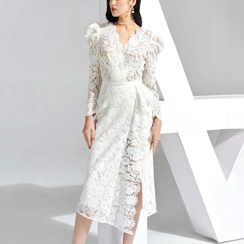 Elegant white Lace Dress For Women Sexy V-Neck Sleeveless High Waist Ruffle split Dresses Summer Chic Lady de fiesta 210421