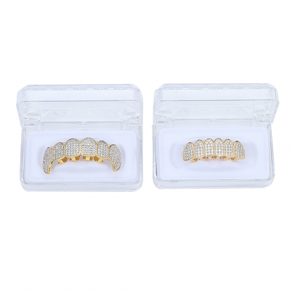 Gold Shiny ICED OUT Teeth Grillz Rhinestone Top&Bottom Grills Set Hip Hop Jewelry