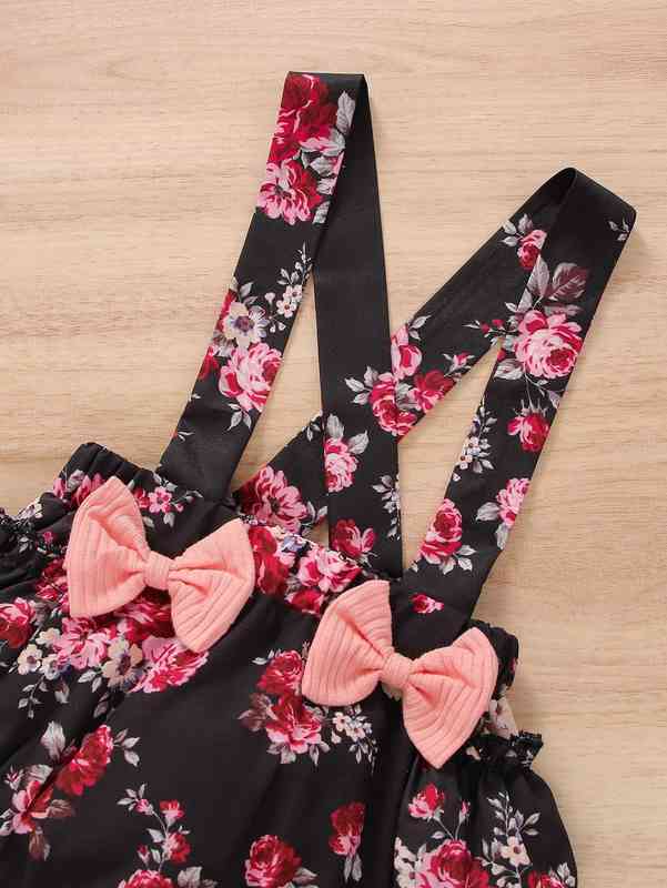 Baby Ruffle Trim Tee & Floral Print Bow Front Crisscross Pinafore Shorts SHE