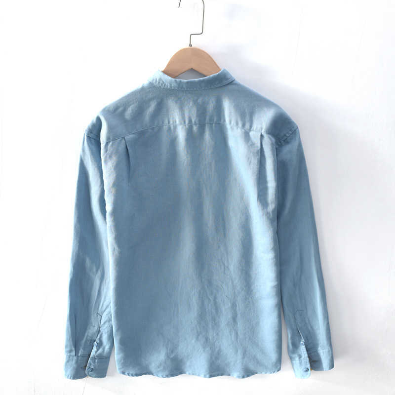 Cotton Linen Casual Shirts Men Basic Classic Red Hawaiian Shirt Male Long Sleeve Stand Collar Breathable Thin Tops 210601