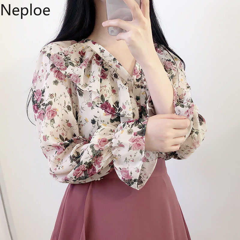 Neploe Korean Blouses for Women Floral Chiffon Shirts Long Sleeve Ruffles Elegant Lady Tops Fashion Blusas Mujer De Moda 210422