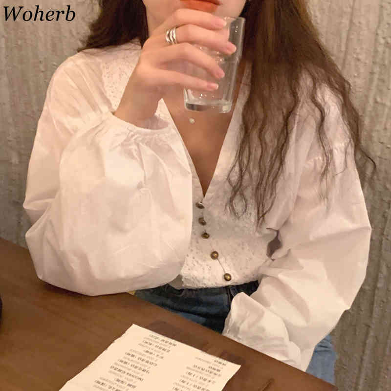 Single Breasted Blouses Puff Sleeve White Sweet Blusas Mujer De Moda Korean Lace Patchwork Loose Shirt Tops Women 210519