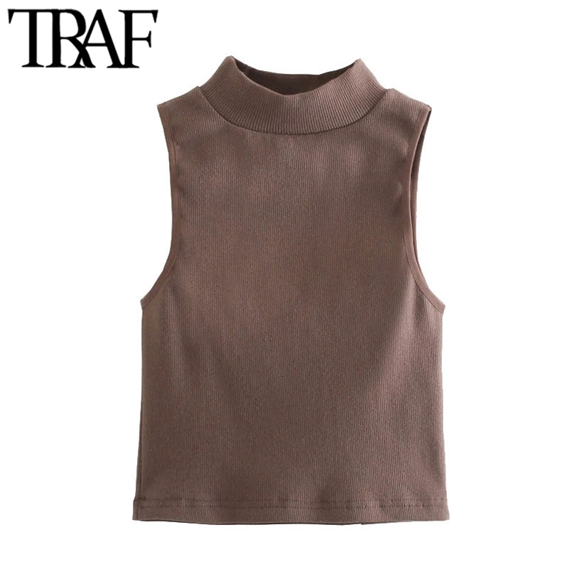 TRAF Women Fashion Stretch Slim Ribbed Knit Tank Tops Vintage High Neck Sleeveless Female Camis Mujer 210625