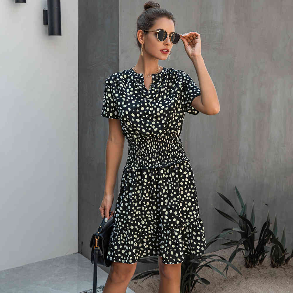 Dress Women Leopard Casual Black Summer Ruffle Mini Dresses Buttons Ladies Purple Waisted Fitted Clothing Womens Clothes 210409
