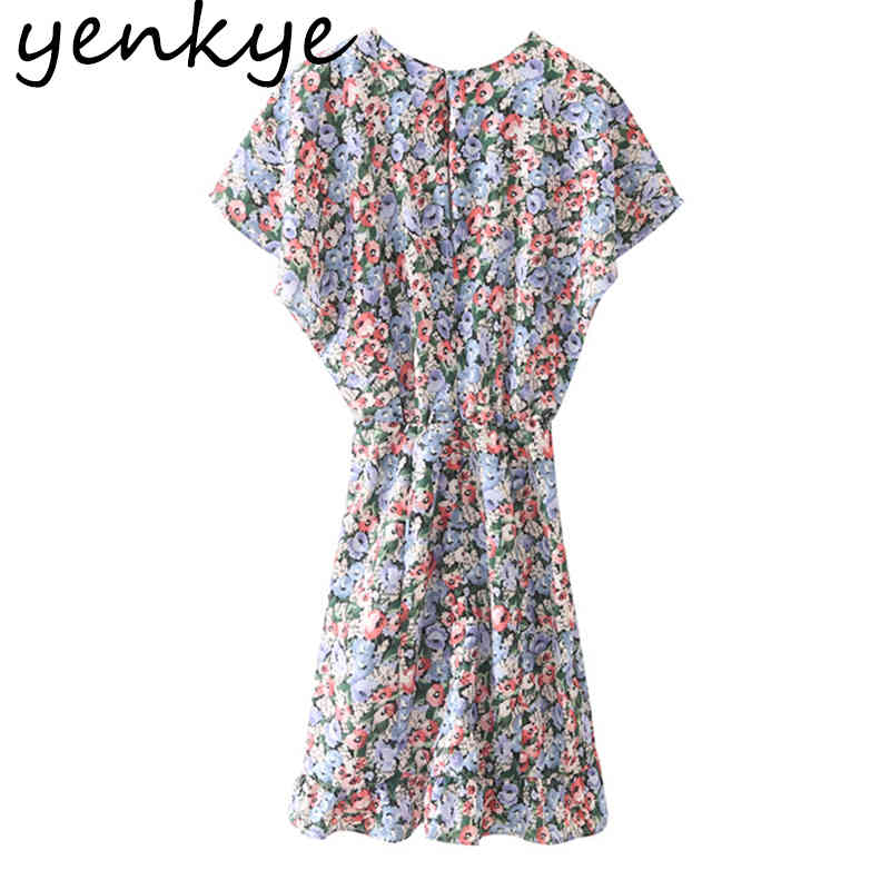 Multicolor Floral Print Dress Women O Neck Batwing Sleeve Elastic Waist Sundress Clothes Female Summer Casual Short Robe 210430