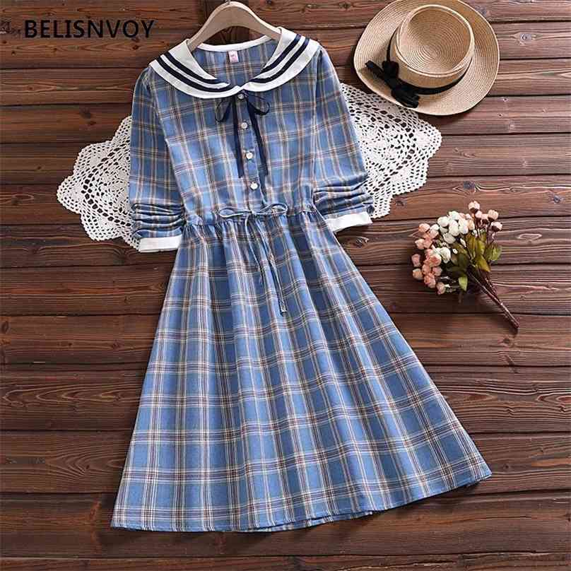 Japanese Preppy Style Women Spring Autumn Dress Sailor Collar Bow Blue Plaid Baggy Long Sleeve Elegant Sweet Cute es 210520
Japanese Preppy Style Women Spring Autumn Dress Sailor Collar Bow Blue Plaid Baggy Long Sleeve Elegant Sweet Cute es 210520