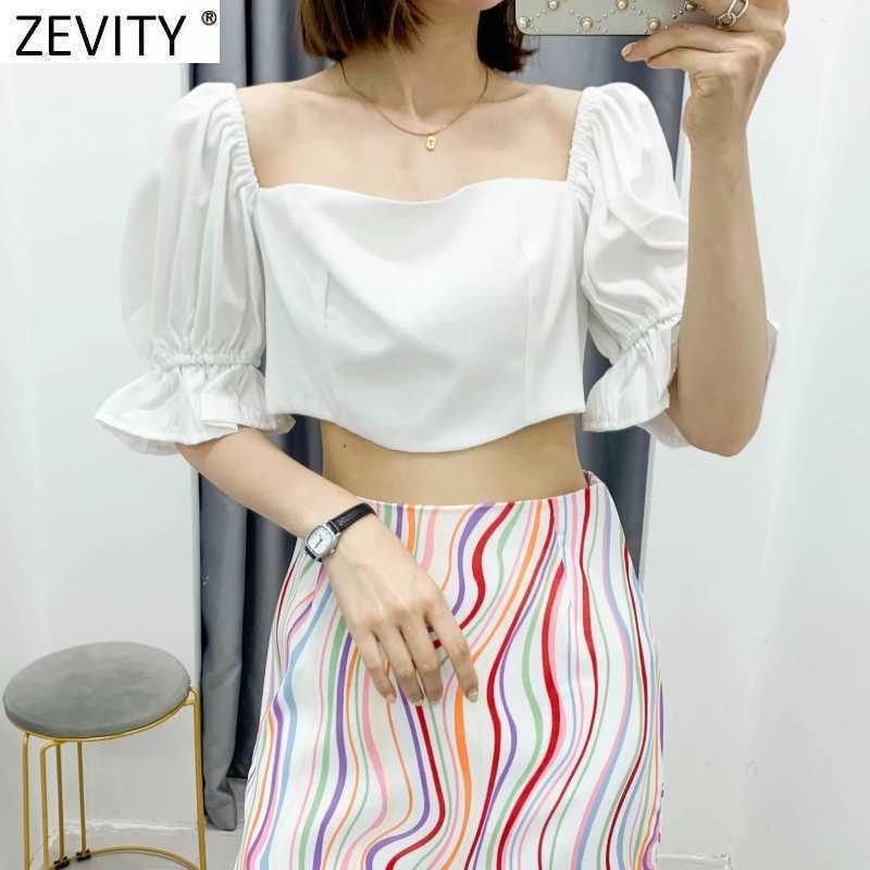 Zevity French Style Women Solid Color Square Collar Puff Sleeve Short Smock Blouse Lady Back Zipper Shirts Chic Crop Tops LS9358 210603