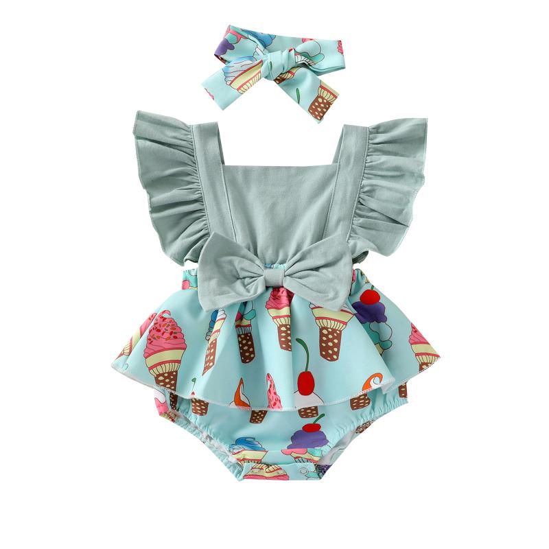 Rompers 2Pcs Baby Summer Outfit, Ice Cream Print Square Neck Ruffled-Sleeve Romper + Hairband For Toddler Girls, 0-24 Months, Blue 
Rompers 2Pcs Baby Summer Outfit, Ice Cream Print Square Neck Ruffled-Sleeve Romper + Hairband For Toddler Girls, 0-24 Months, Blue