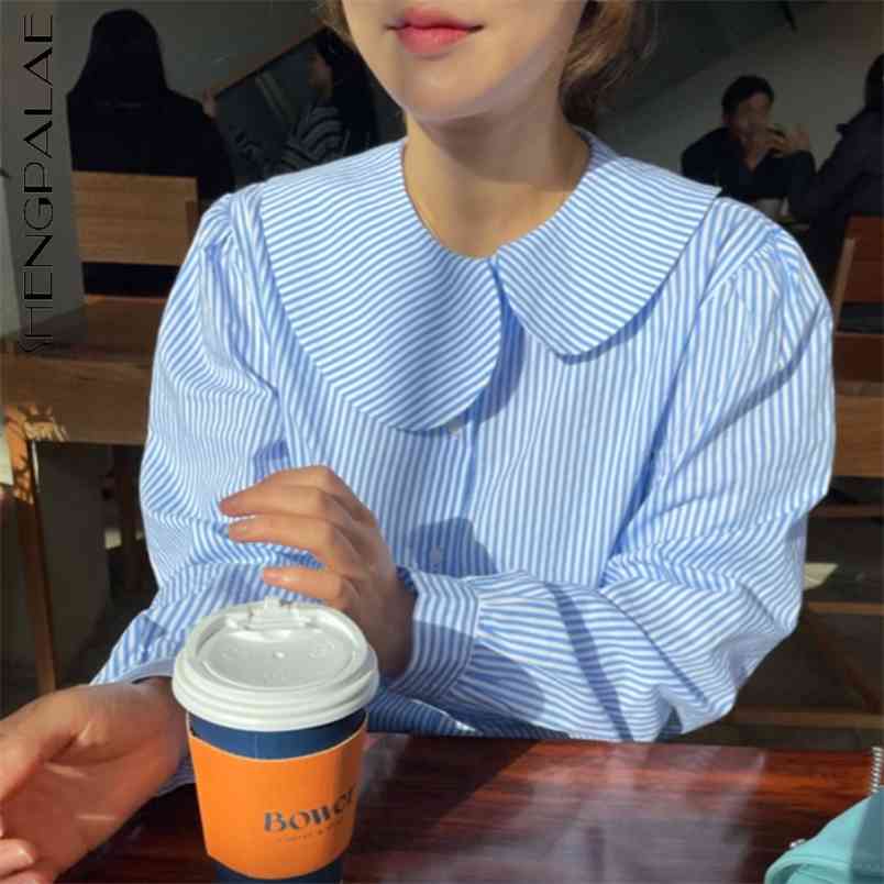 Soft Striped Blouse Women's Spring Irregular Peter Pan Collor Single Breasted Long Sleeve Shirt Female 5B732 210427