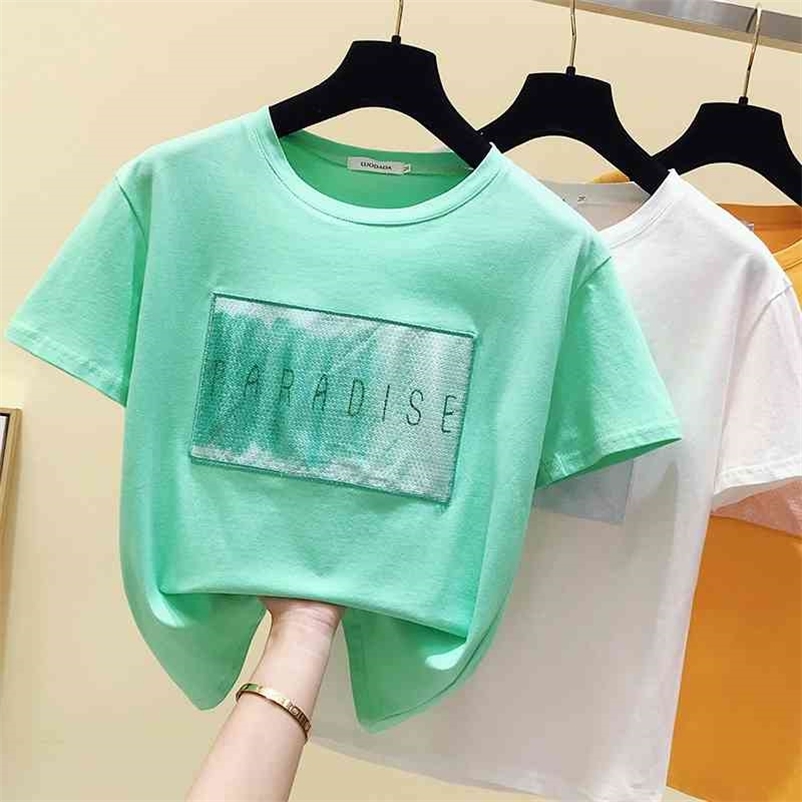 Women's O Neck Sequin Letter Short Sleeves Cotton T-Shirt Summer Tee Girls Ladies Pullover Casual Tops Tees A2531 210519, White
Women's O Neck Sequin Letter Short Sleeves Cotton T-Shirt Summer Tee Girls Ladies Pullover Casual Tops Tees A2531 210519, White