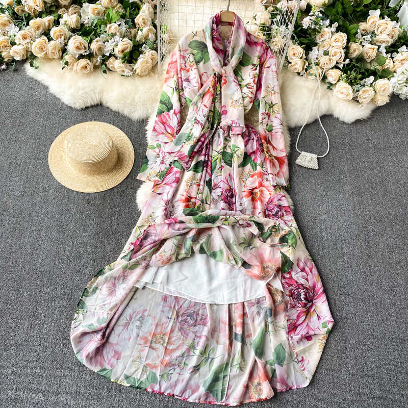 Women Fashion Holiday Flower Print A-line Long Dress V-Neck Sleeve Pleated Slim Clothes Party Vestidos De Mujer R163 210527