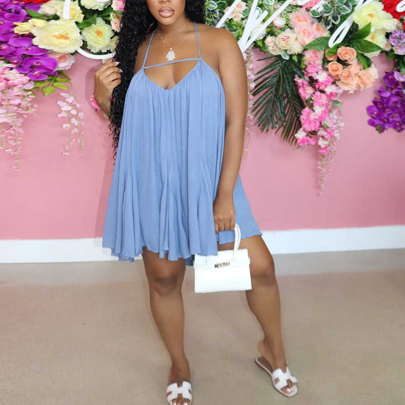 Summer Halter Backless Loose Pleated Mini Dress 210702