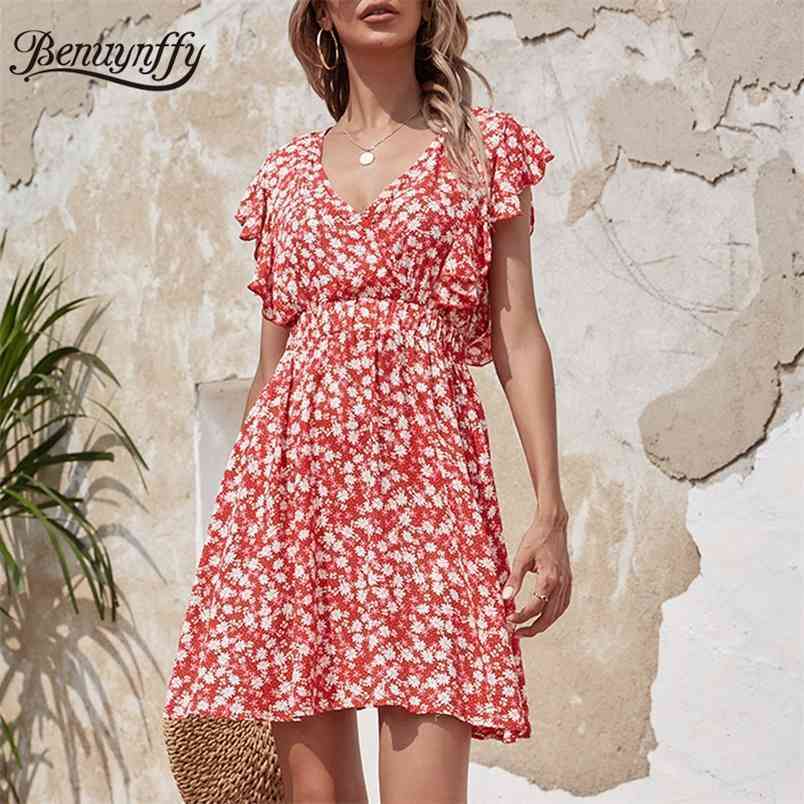 Surplice Neck Ruffle Sleeve Print Mini Dresses Women Boho Holiday Casual High Waist Female A-Line Summer Dress 210510