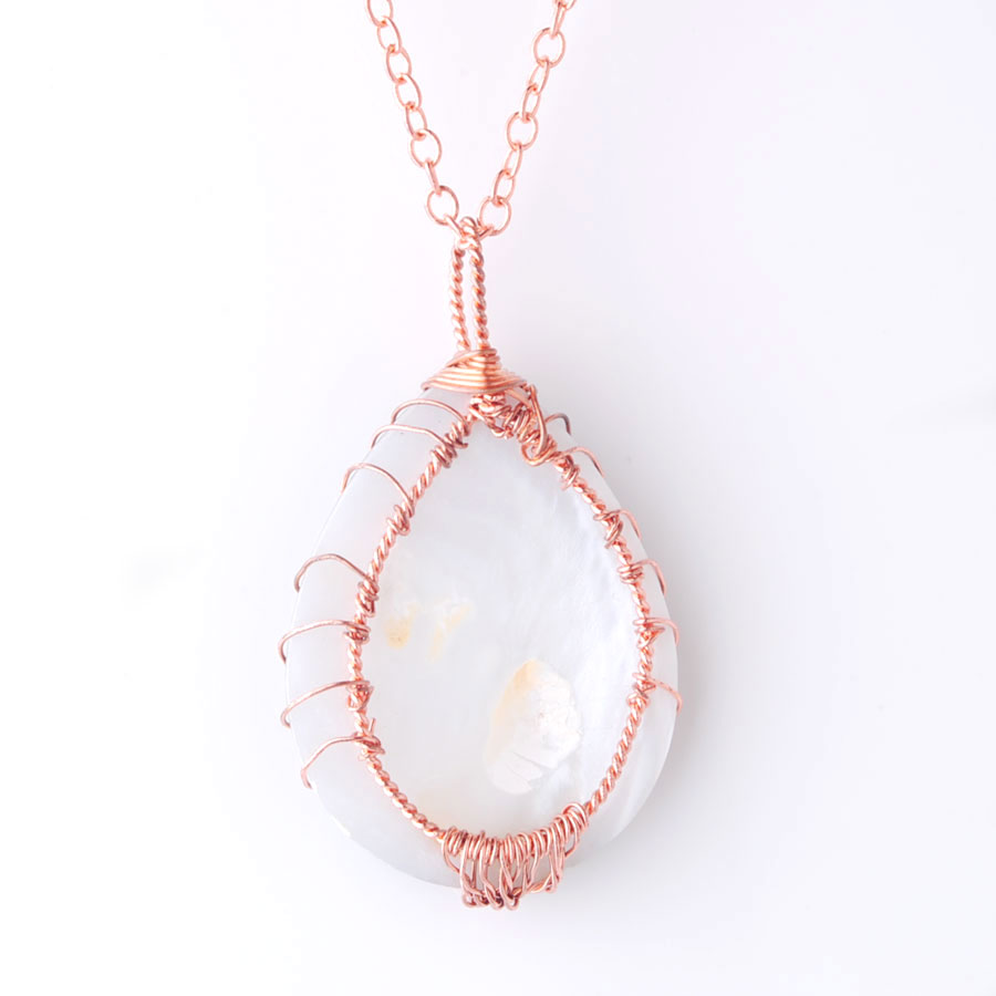 WOJIAER Tree of Life Rose Gold Wire Wrap Water Drop Bead Necklace & Pendant Natural Abalone Shell Jewelry Chain 18 Inch W9309