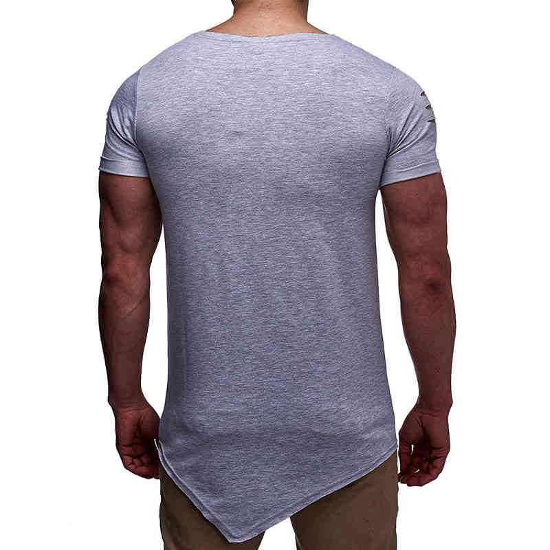 IceLion New Spring Irregular Hole T Shirt Men Casual Long Fitness T-shirt Summer Short Sleeve Solid Slim Fit Men's Tshirt 210329