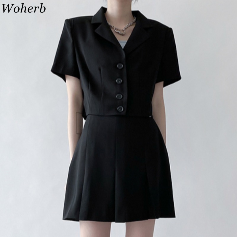 Korean Black Suit 2 Piece Set Women Short Sleeve Coat Rops Slim Mini Skirt Femme Roupas Office Lady Two 210519