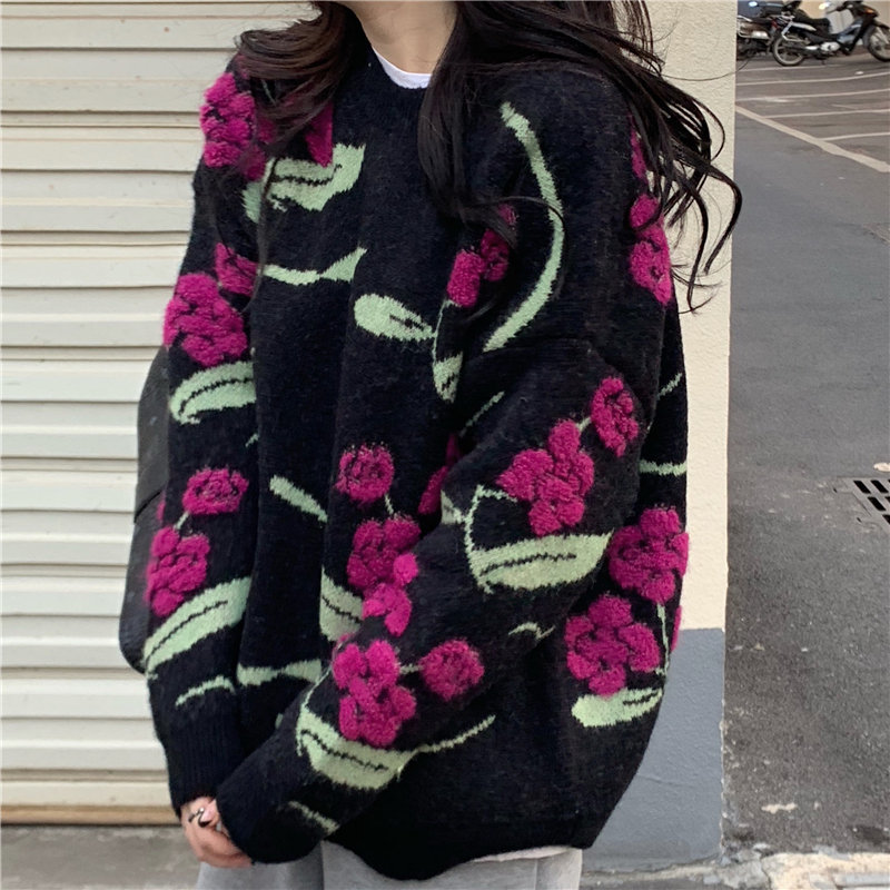 Vintage Print Elegant Loose Knitted Pullovers Embroidery Winter Sweater Women OL Outwear Tops Sweaters Female 210421