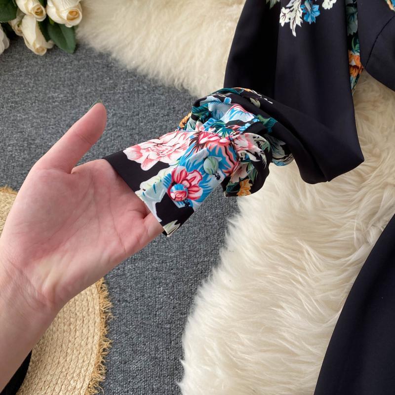 SINGRAIN Women Retro Print Maxi Dress Korean Turn-down Collar Puff Sleeve A-line Dresses Autumn Bohemian Streetwear Long Dress 210409