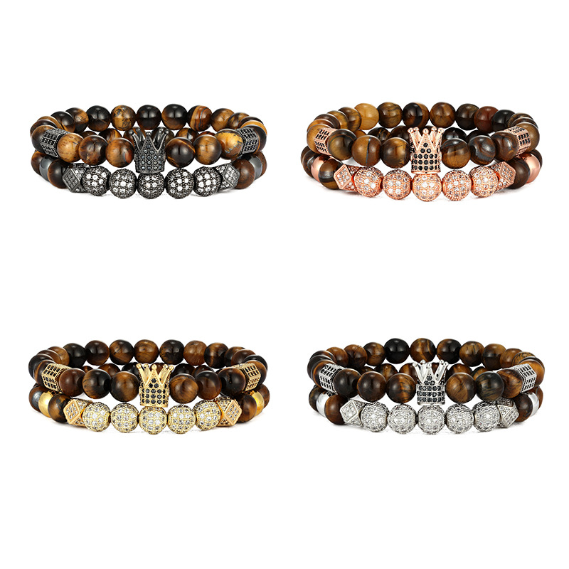 High Quality Tiger Eye Beads Strands Gold Plated Copper Crown Charm Bracelet Jewelry for Men Gift