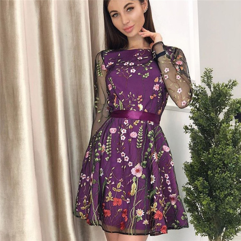 New Style Mesh Patchwork Pink Flowers See Through Short Dress Birthday Party Celebrate Dress Nightclub Women Embroidery Dress 210409