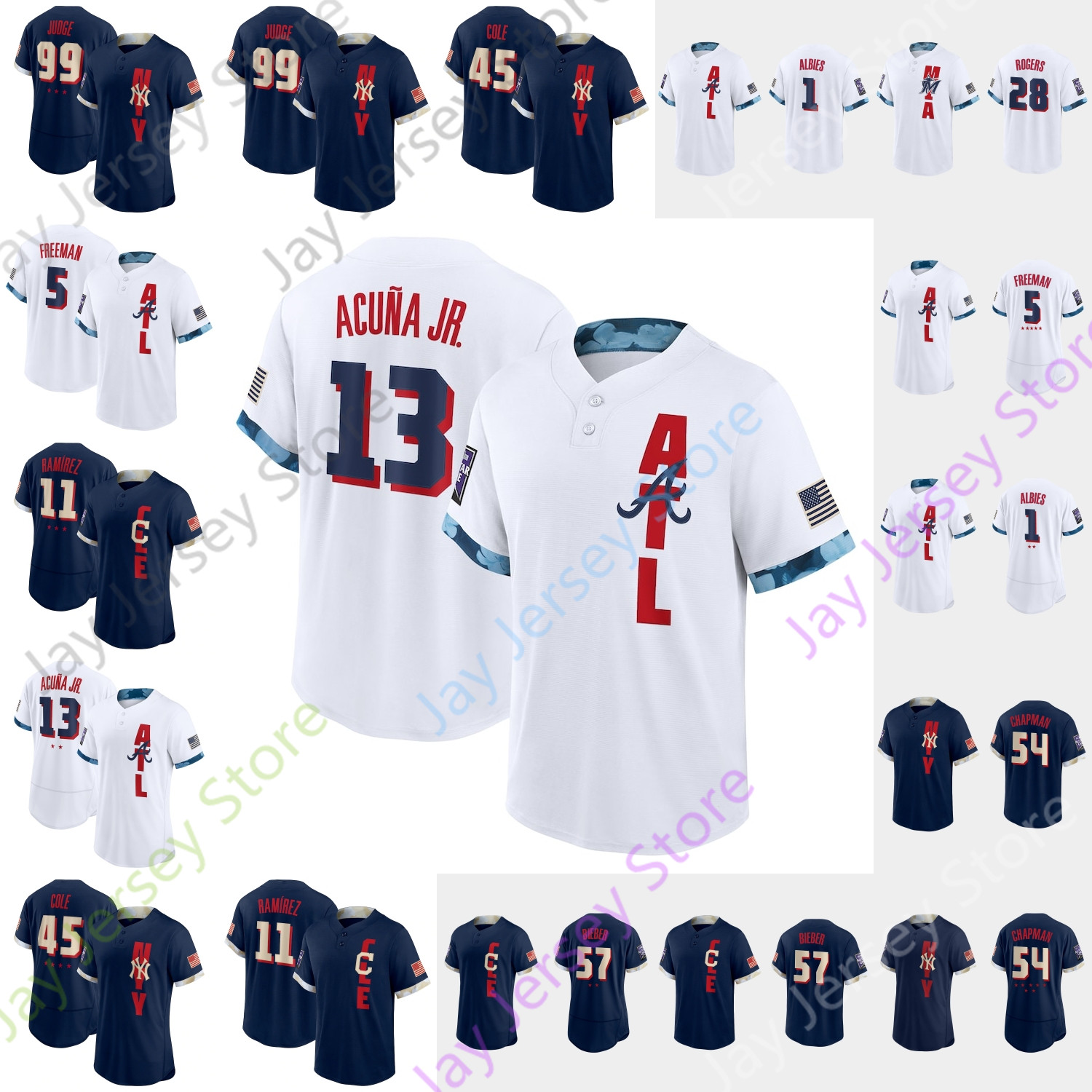 2021 All-Star Jersey Aaron Judge Aroldis Chapman Freddie Freeman Gerrit Cole Jose Ramirez Ozzie Albies Ronald Acuna Jr. Shane Bieber Trevor Rogers Navy White, Ronald acuña jr. player
2021 All-Star Jersey Aaron Judge Aroldis Chapman Freddie Freeman Gerrit Cole Jose Ramirez Ozzie Albies Ronald Acuna Jr. Shane Bieber Trevor Rogers Navy White, Ronald acuña jr. player