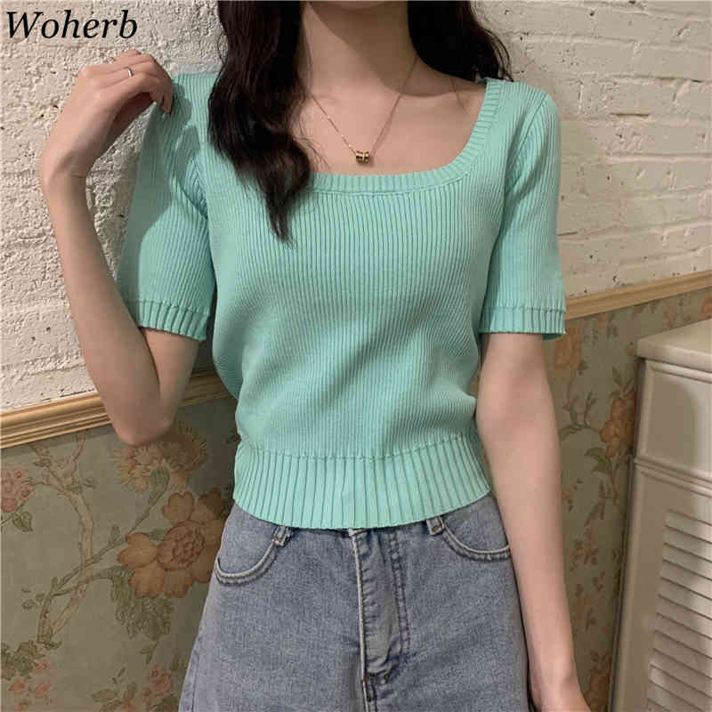Casual Women Tops Knitted Square Collar Thin Sweater Summer Short Sleeve Girl Solid Candy Color Knitwear T Shirts 210519