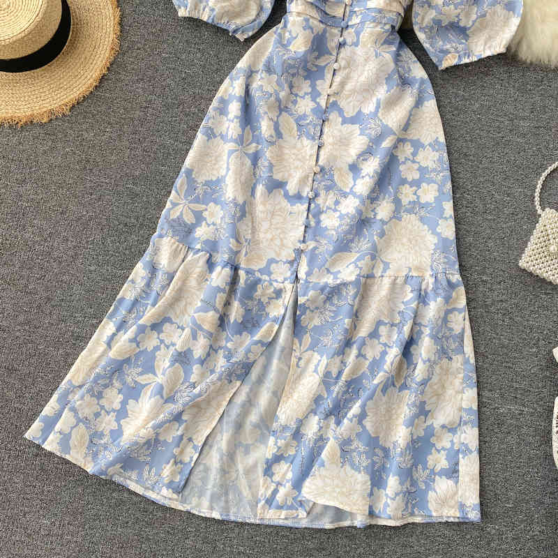 FMFSSOM Summer Spring Floral Printed V-neck Single Breasted Puff Sleeve Women Female A-line High Waist Midi Dress 210329