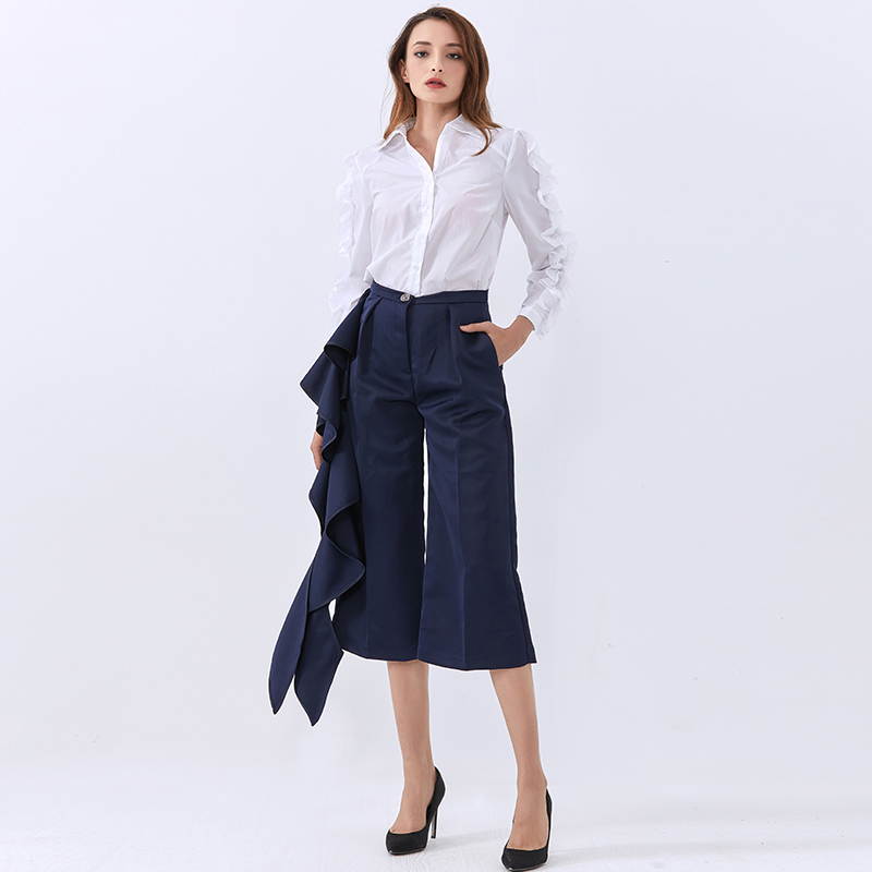 Patchwork Ruffle Shirt For Women Lapel Long Sleeve Casual White Blouse Female Fall Fashion Stylish 210524
