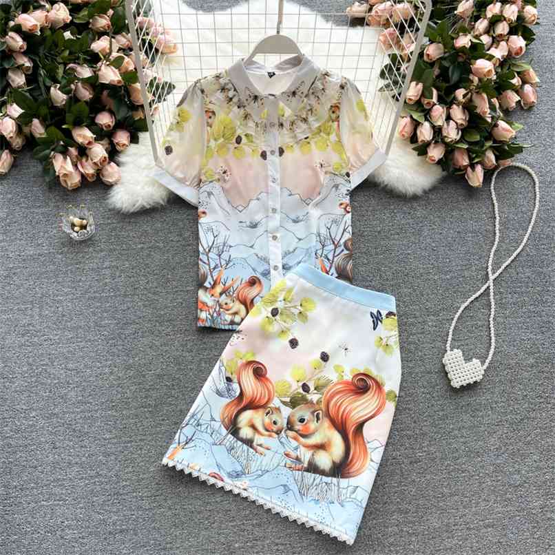 High Quality Office Lady Summer Twinset Elegant Short Sleeve Ruffles Shirt Flower Squirrel Print Bodycon Skirts Suits 210602, White
High Quality Office Lady Summer Twinset Elegant Short Sleeve Ruffles Shirt Flower Squirrel Print Bodycon Skirts Suits 210602, White
