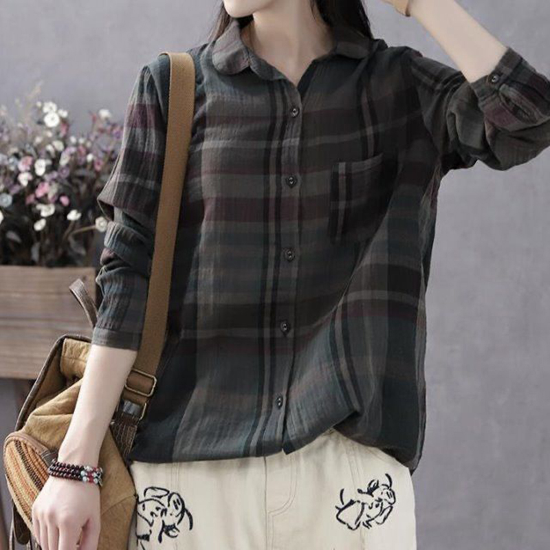 Spring Arts Style Women Long Sleeve Loose Vintage Plaid Shirts All-matched Casual Turn-down Collar Blouse Ladies Tops S661 210512