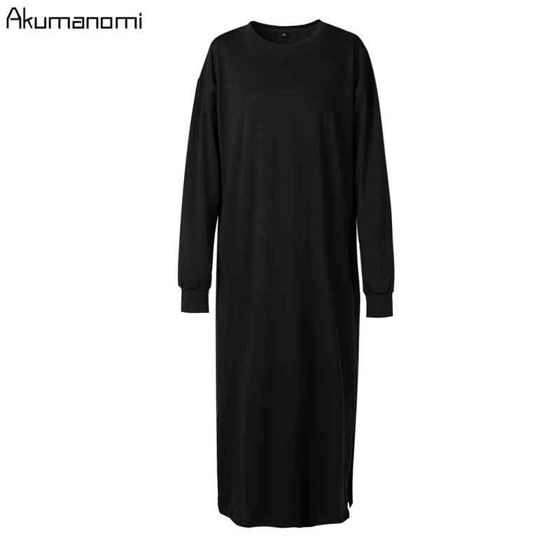 Autumn Spring Black Woman Slit Dress Cotton Plus Size 7xl 6xl 5xl 43xxl Casual Long Sleeve Maxi T Shirt Dresses Robe Femme 210409