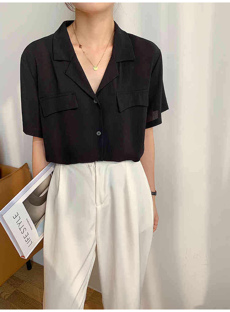 Summer Korean Vintage Women Shirt Tops Notched Collar Single Breasted Pockets Female Blouses Blusas Mujer 210514