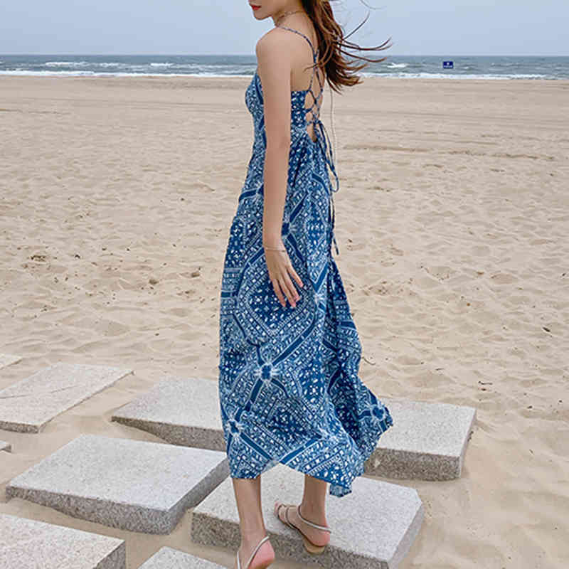 Summer Bohemian Dress Women Spaghetti Strap Sexy Beach Female Cross Bandage Holiday Print Ladies es Robe 13237 210508