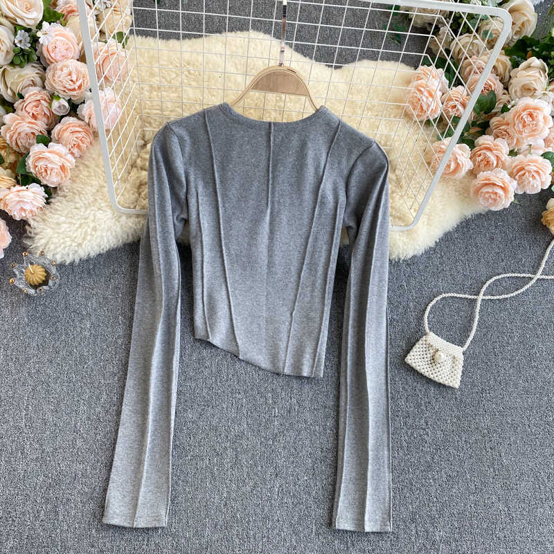 Lady Basic Long Sleeve T-shirt Women's Spring Round Neck Print Irregular Short To Ins Casual Clothes Q750 210527