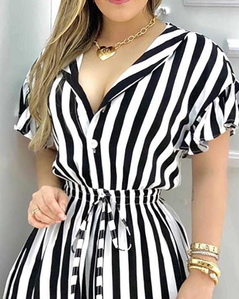 Striped Colorblock Ruffles Shirt Dress Women Short Sleeve V Neck Mini Work Dress 210630