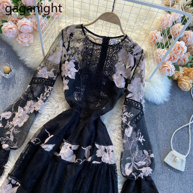 French Vintage O-Neck High Waist Vestidos Long Sleeve Lace Embroidery Fashion Hollow Out Women Dresses Office Ladies 210601