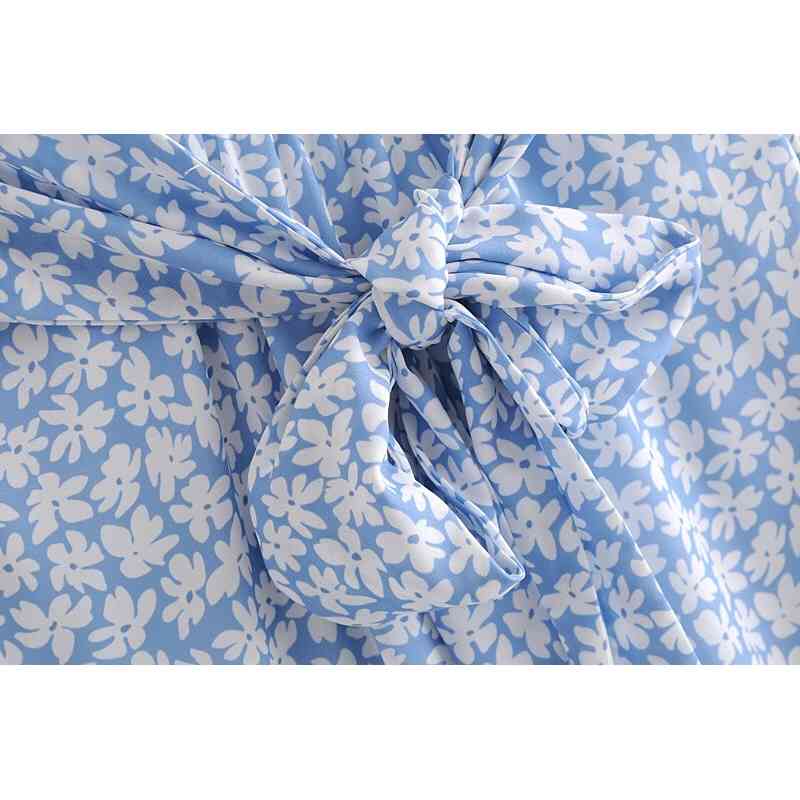 Summer Floral Print Backless Bow Knotted Blue Mini Dress Retro Sexy Women Lacing Up Back Sling Dresses Holiday 210429