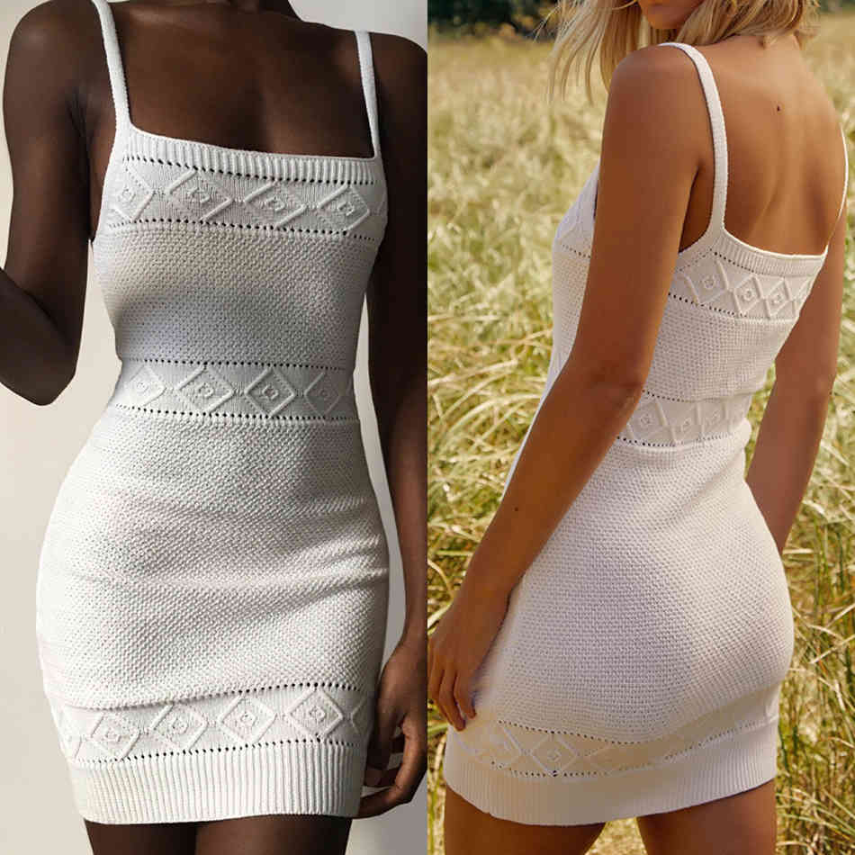 Free Women's Casual Knit Dress Sexy Spaghetti Strap Sleeveless Bodycon Mini Club Vacation Party Vestidos 210524