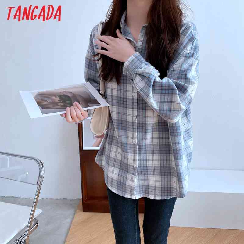 Women Blue Plaid Pattern Oversized Turn Down Collar Pocket Chic Female Casual Loose Shirt BA3 210416