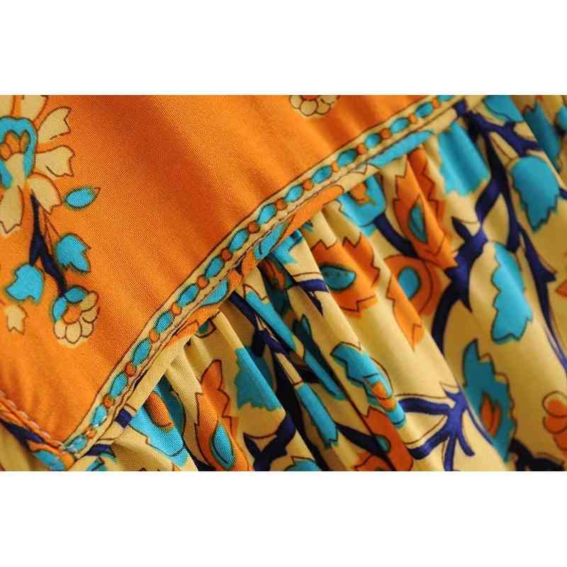 Bohemian Lace up V neck Location Floral Print Dress Orange Ethnic Woman Tassel Long Sleeve Holiday Dresses BOHO 210429