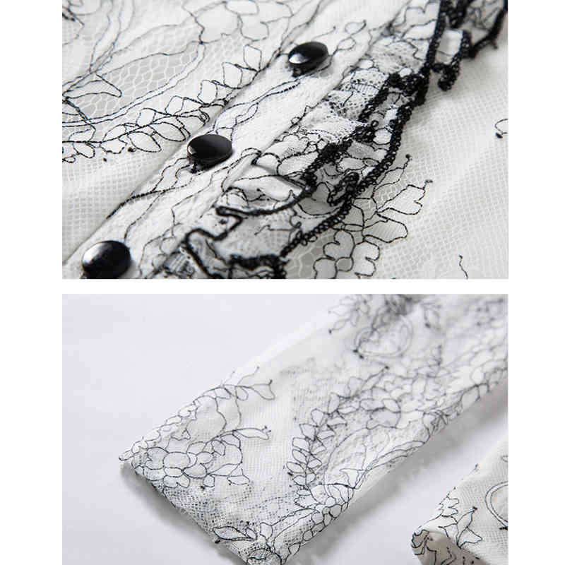 Autumn Fashion Long Sleeve Stand-Collar Lace Woman's Blouses All-match White Slim Shirt See Through Ol Style 10766 210518