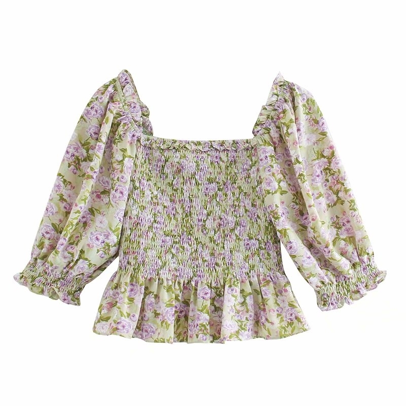 vintage slash neck women short shirts summer fashion ruffle sleeve ladies shirt female blouses flower print girls chic 210430