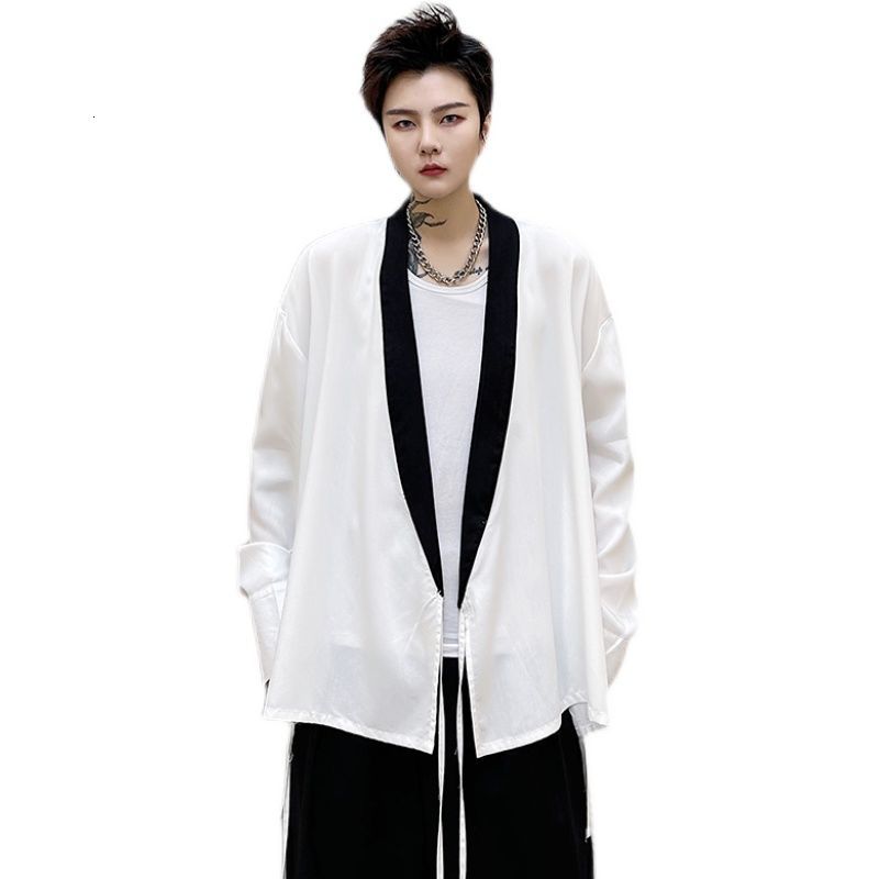 IEFB Korean Streetwear Fashion Bandage White Shirt Men's Lace Up Spring Summer Long Sleeve Fashion Loosecasual Tops 210524